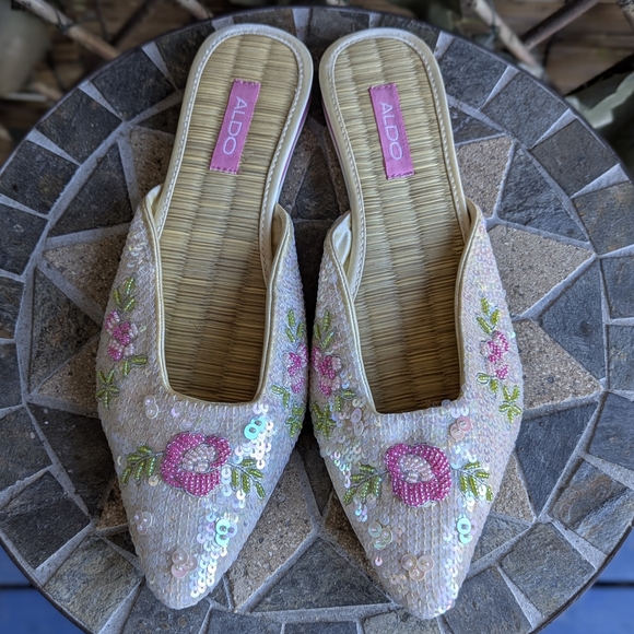 ALDO Women's Sequin Embellished Mules - White and Pink - Picture 3 of 4